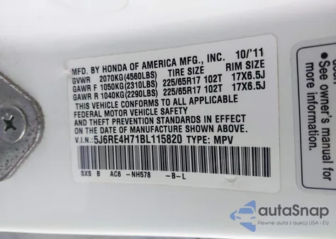 2011 Honda Cr-V Ex-L from USA, damaged, VIN 5J6RE4H71BL115820